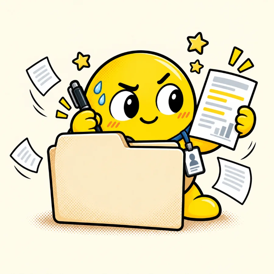 Mascot OfficeSurvivorMY mengintai dari belakang fail appraisal sambil pegang helaian KPI